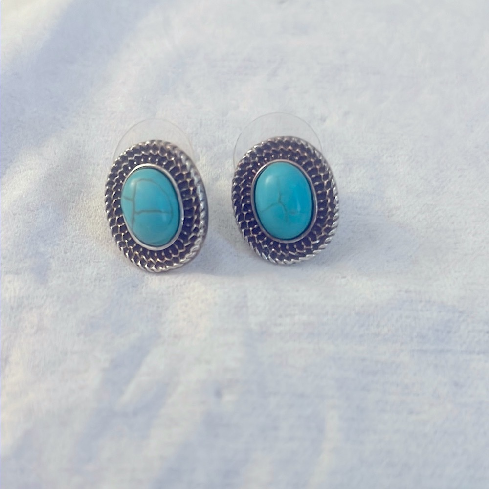 Turquoise and Silver Oval Earrings
